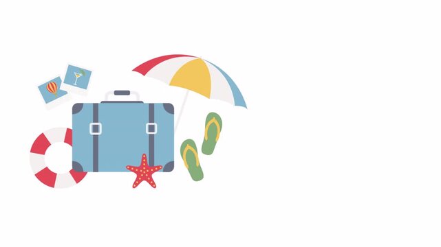 Summer vacation travel concept with luggage beach umbrella and flip flops.