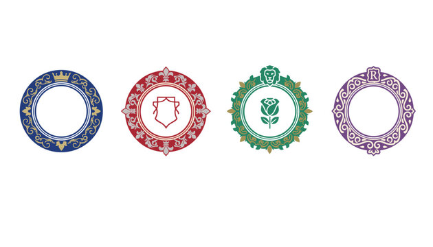 Set of four vintage royal heraldic circular frames featuring crowns, shield, rose, lion, and monogram symbols.