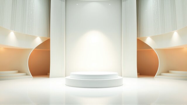 Minimalist stage setup. White pedestal illuminated by spotlights. Curved walls create soft backdrop. Clean, modern presentation space.