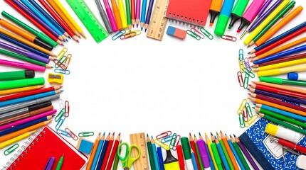 Obraz premium Vibrant Assortment of School Supplies Arranged in a Circular Frame on a White Background, Ideal for Educational Content and Creative Projects