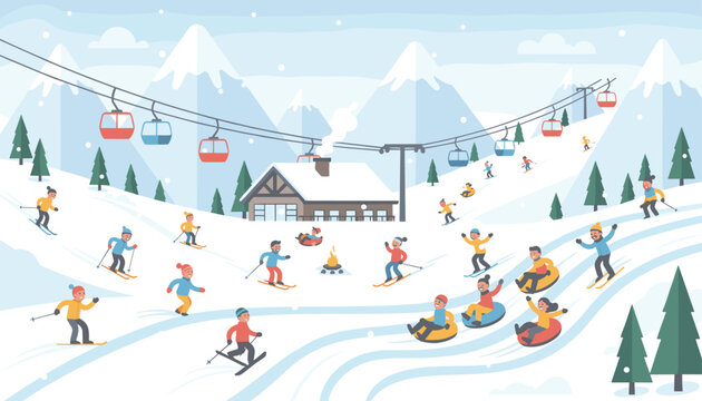 Active winter recreation at a busy ski resort with cable cars, people skiing, snowboarding, sledding, and enjoying the snow.