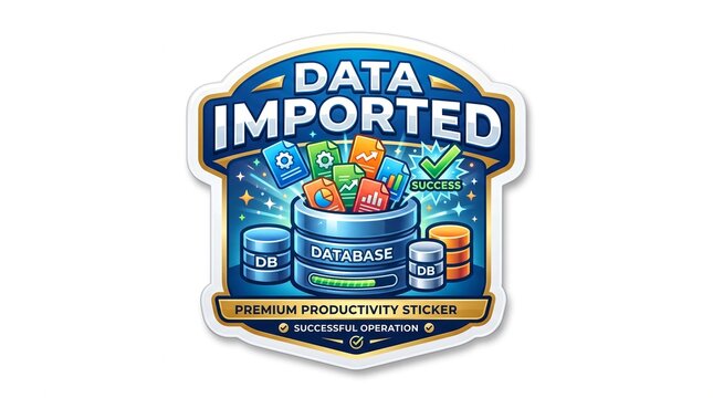 Professional data migration success badge featuring database storage icons and productivity symbols for digital workflow efficiency