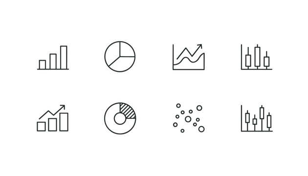 Business analytics line icons set containing column charts, pie graphs, line trends, and scatter plots.