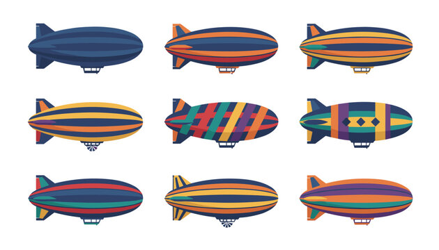 Set of nine vintage airship blimps with various colorful stripe patterns flying on white background.