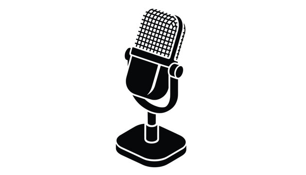 Vintage classic radio microphone on a stand in black and white isometric vector style isolated on white background.