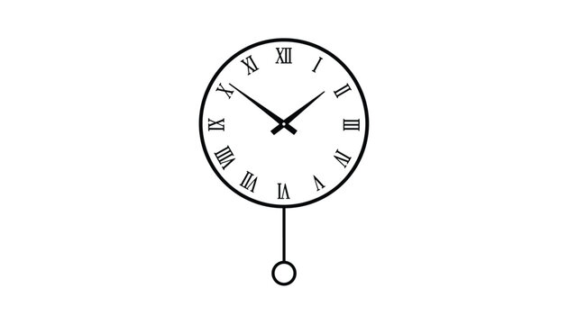 Minimalist classic black and white analog wall clock with Roman numerals and a swinging pendulum at the bottom.