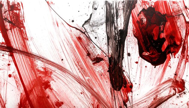 Abstract artwork using red and black hues. Bold strokes and splatters create a dynamic, energetic visual experience on a white canvas
