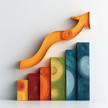 Paper quilling style bar chart with rising wave arrow growth concept, 종이 퀼링 스타일 막대 차트와 상승 웨이브 화살표 성장 개념