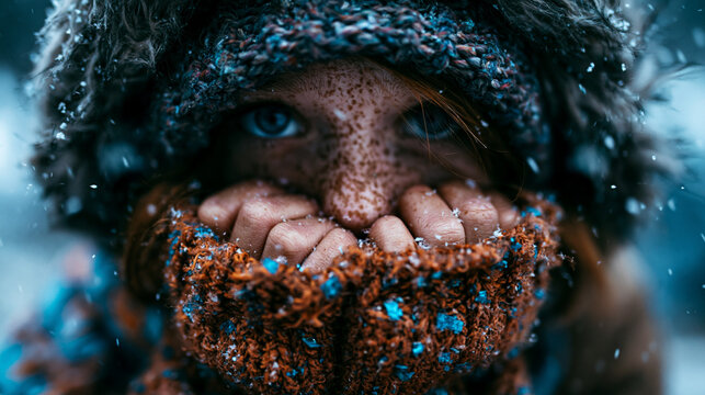 A person wearing a thick winter hat and scarf shivering during a cold snowfall