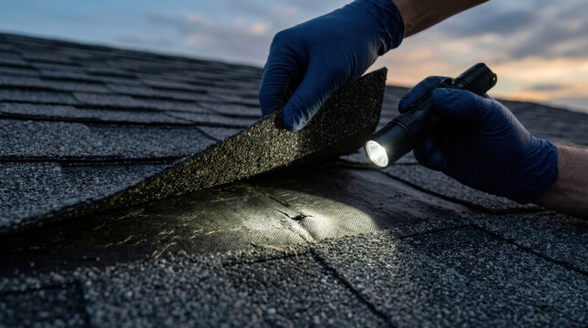 Roof inspection holding flashlight checking shingle damage outdoors