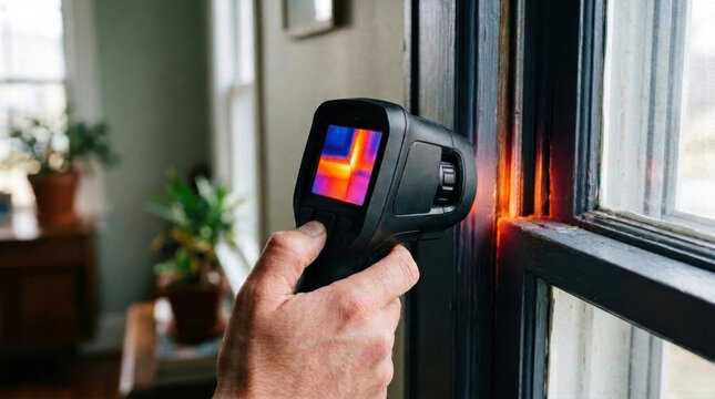Thermal imaging camera inspecting window frame for heat loss and energy