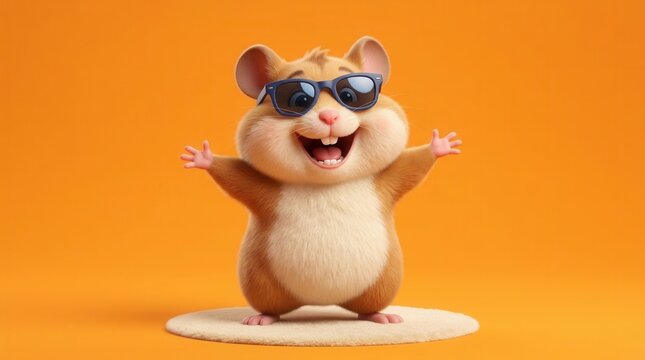 Cheerful 3D Cartoon Hamster in Sunglasses with Arms A surprised mouse wearing sunglasses, isolated