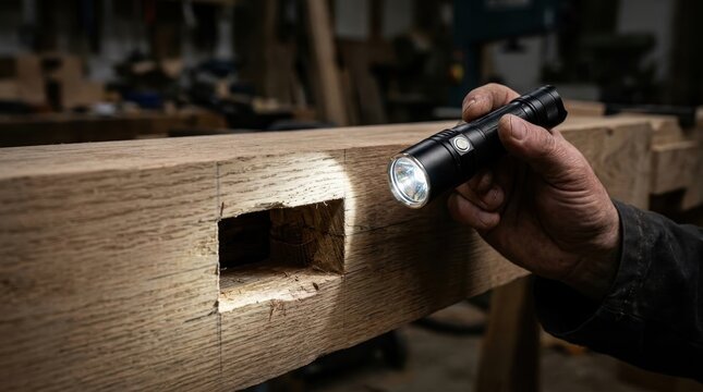 Carpenter shining flashlight into mortise joint in wooden beam workshop