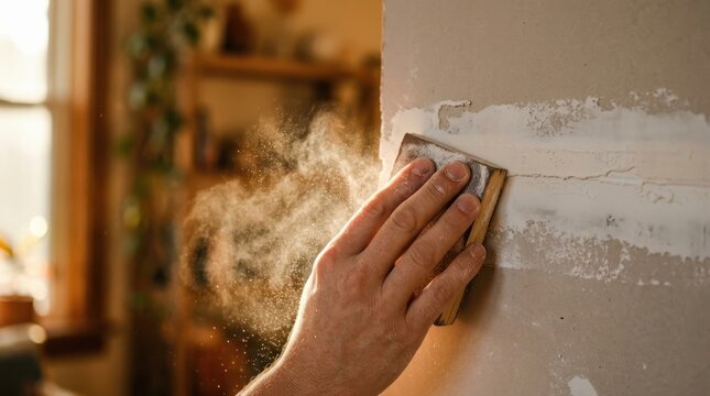Person sanding drywall with dust floating in indoor renovation project