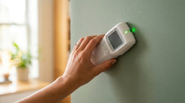 Person scanning green wall with digital stud finder tool in a house