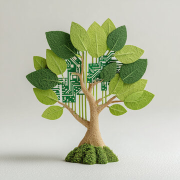 Green tech tree with electronic circuit board trunk and leaves for eco technology concept, 전자 회로 기판 줄기와 나뭇잎이 결합된 친환경 테크놀로지 컨셉의 나무