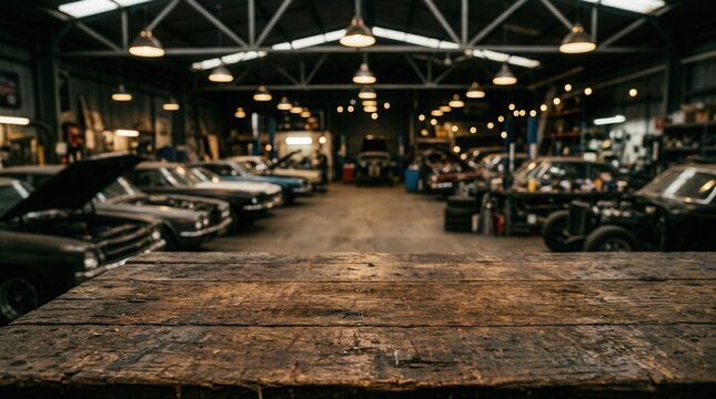 Close-Up of Dark Wooden Table in Warehouse Setting A blurry view an auto repair shop
