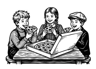 Children enjoying pizza together around open box, retro engraving illustration, family dining vector illustration