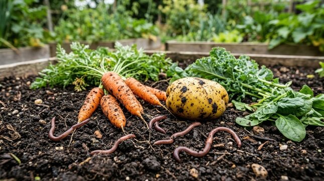 Close-up of fresh carrots, yellow potato, and leafy Organic composting process with earthworms in garden soil