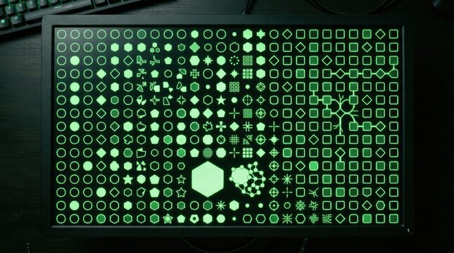Close-up of glowing green checkboxes in grid pattern Row checkmarks on a digital