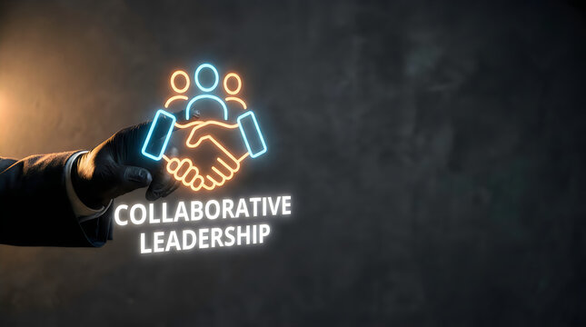 Business leader touching glowing neon collaborative leadership icon representing teamwork success