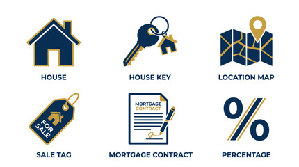 Naklejka premium Real estate icons featuring house symbols and mortgage documents help illustrate various property market concepts for buyers and sellers who are looking to finalize their next home purchase.