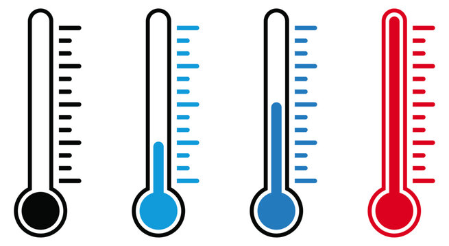 Thermometer icon set with temperature gauge, cold, warm and hot level indicators. Ideal for weather, climate, healthcare, temperature measurement, forecast, thermometer.