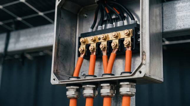 Solar panel wiring junction box with electrical cables and copper busbar
