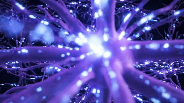 Neural network of glowing purple brain cells transmitting electrical signals in the mind