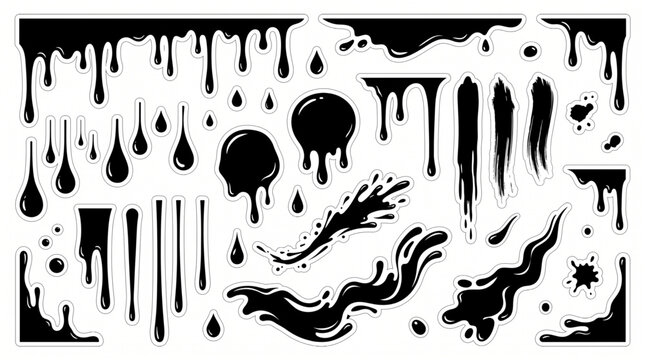 Black dripping ink stickers and paint splash vector elements, featuring liquid spill icons, slime goo drops, and street art brush strokes for graffiti style horror and grunge graphic design assets.