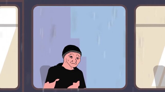 2D animated man looking thoughtfully out of a train or bus window during travel passenger public transport concept