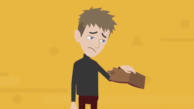 2D animation of a sad man opening and looking into an empty wallet financial crisis no money poverty concept