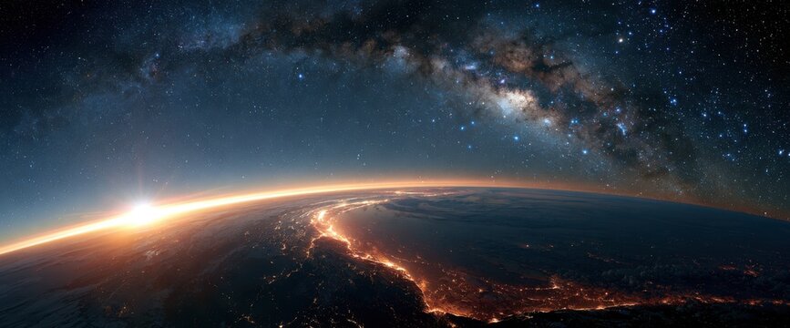 Planet Earth sunrise from space with milky way galaxy stars, city lights glowing along coastline on atmospheric orbital view