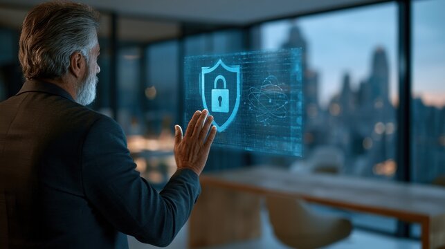 Senior businessman touching holographic shield with padlock icon, cybersecurity data protection and digital privacy in office