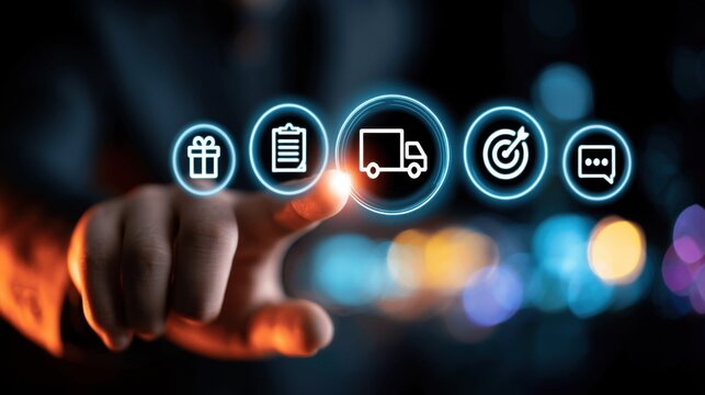Business hand selecting delivery truck icon from logistics icons row, ecommerce supply chain management and fast shipping service