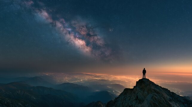 Lone person standing on mountain peak under milky way galaxy, overlooking illuminated city valley at night with starry sky above