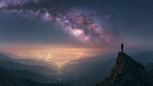 Solitary figure on mountain summit gazing at milky way, panoramic view of glowing city lights across mountain valley at night