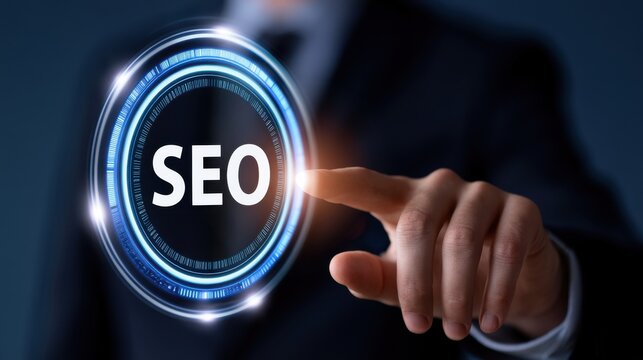 Businessman finger touching glowing SEO hologram circle, search engine optimization digital marketing web traffic growth concept