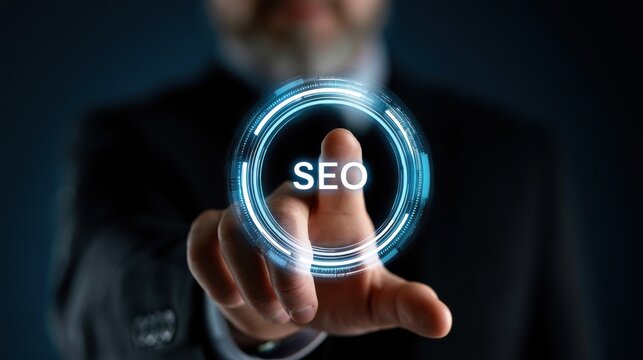 Hand pressing SEO button on futuristic digital interface, search engine optimization for website ranking online visibility