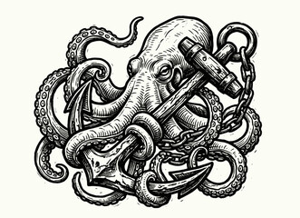 Octopus wrapped around anchor with detailed tentacles, vintage engraved illustration, nautical tattoo vector illustration © Otpirus