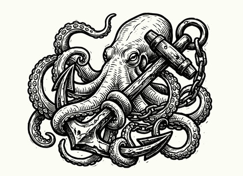 Octopus wrapped around anchor with detailed tentacles, vintage engraved illustration, nautical tattoo vector illustration