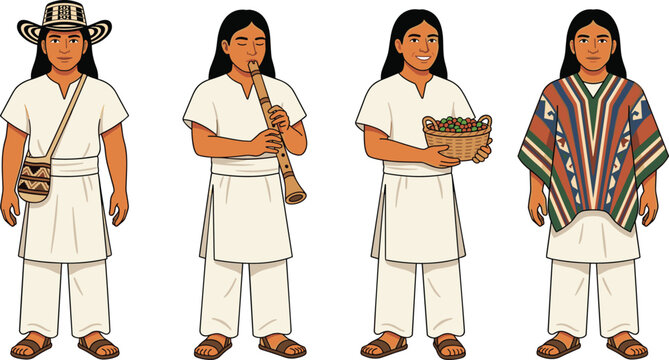 Indigenous Colombian Men Vector Character Set with Traditional Vueltiao Hat Flute Coffee Basket and Patterned Ruana Poncho