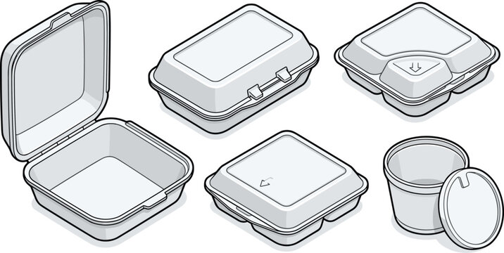 Isometric Disposable Food Container Vector Set with Clamshell Takeout Boxes Compartment Trays and Soup Cup Icons