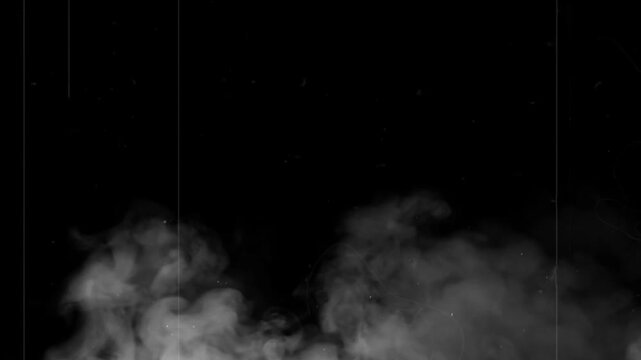 Smoke plumes rise against a dark, textured background featuring vintage film grain and vertical scratch marks that evoke a moody, cinematic atmosphere.