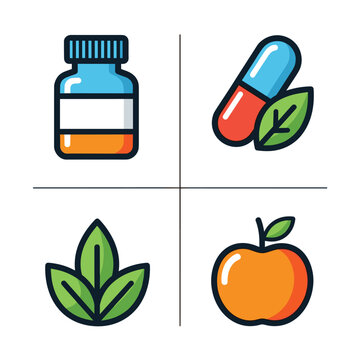 Health and Wellness Icons - Medicine, Supplements, Natural Remedies, and Nutrition.