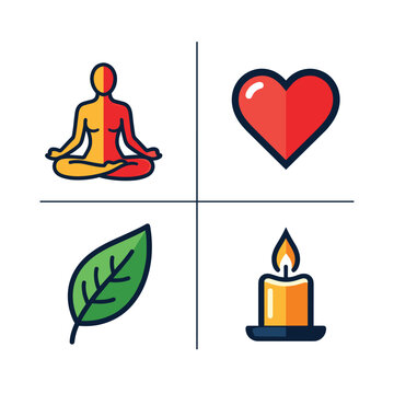 Wellness and Mindfulness Icons - Meditation, Heart, Leaf, and Candle Symbols.
