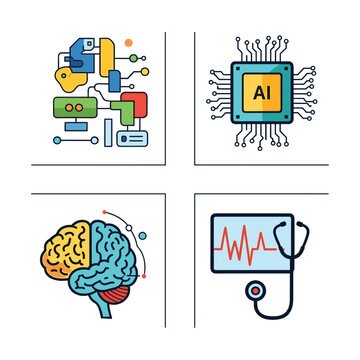 Artificial Intelligence, Brain Science, and Medical Technology Concepts Illustration Set.