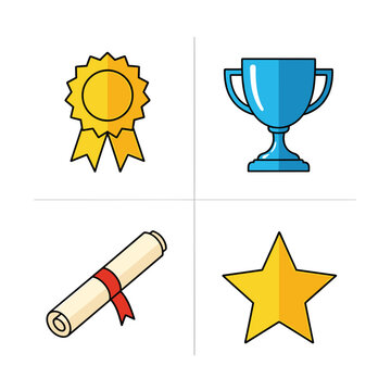 Collection of Achievement Icons - Award Ribbon, Trophy, Diploma, and Star.