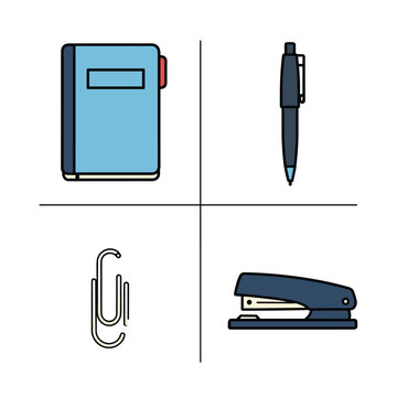 Office Supplies - Notebook, Pen, Paperclip, and Stapler Illustration.