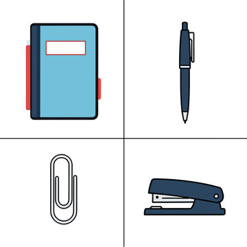 Office supplies collection featuring notebook pen paperclip and stapler on white background.